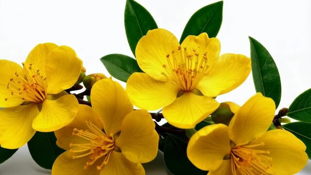 Vibrant yellow hypericum flowers and green foliage arranged on a pristine white surface for a striking botanical image.