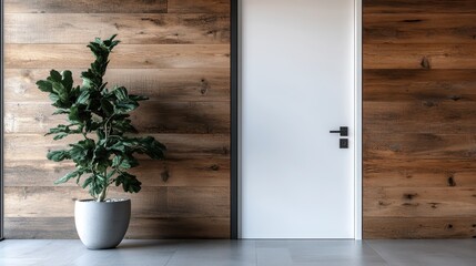 A sleek white door stands out against a rustic wooden wall, complemented by a lush green plant in a stylish pot, offering a modern yet warm aesthetic to the environment.
