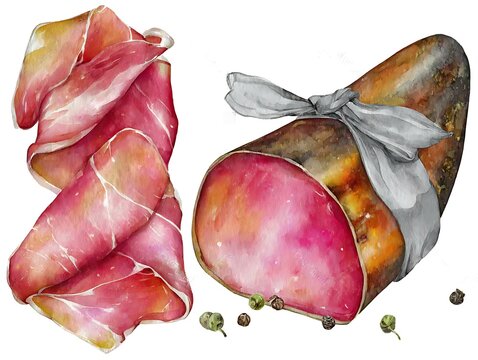 Watercolor prosciutto, realistic photography of a beautifully arranged pile of delicate Italian Cured Meats Gourmet Deli and Charcuterie