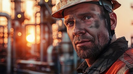 A portrait of a mature industrial worker in a hard hat with a factory in the background.