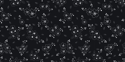 Seamless dark floral pattern with white abstract flowers on black background for elegant textile, wallpaper, wrapping paper and digital use.