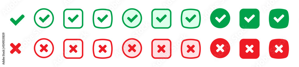 Aufkleber right or wrong icons. green tick and red cross checkmarks flat icons. yes or no symbol, approved or 