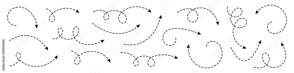 Poster collection of curved arrows with dashed lines. minimalist elements for navigation, direction, proces