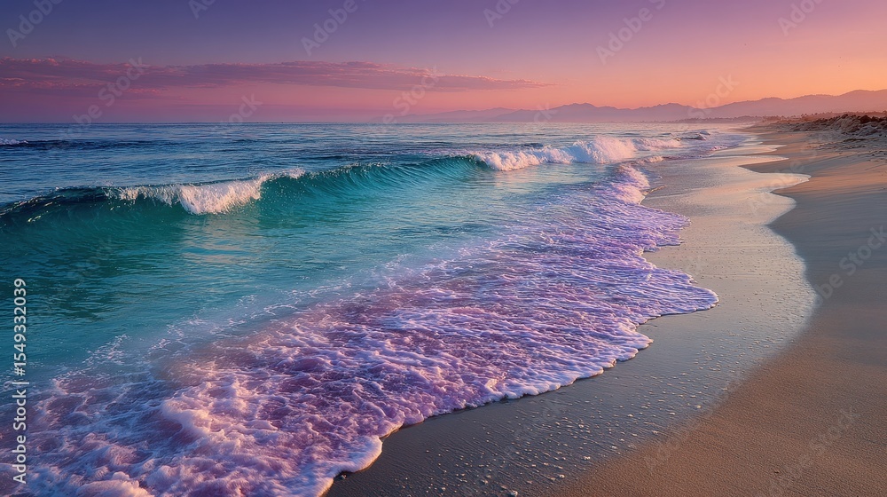 Poster turquoise waves and pink foam washing onto a sandy beach at dusk creating a dreamy seaside scene in 
