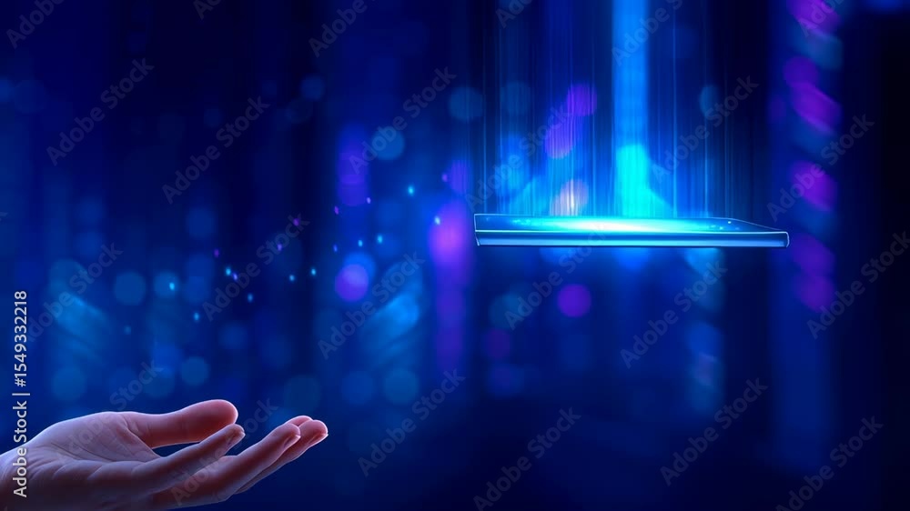 Poster hand holding smartphone with holographic data visualization. blue and purple color spectrum represen