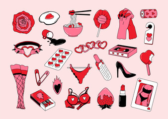 Vintage set stickers of Valentine's Day and Love. Minimal design concept of romantic and sensuality elements. Doodle pack for daily planner, scrapbooking, print. Hand drawn retro vector illustration