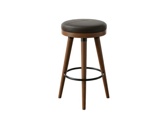 Isolated Modern Wooden Bar Stool with Black Leather Seat