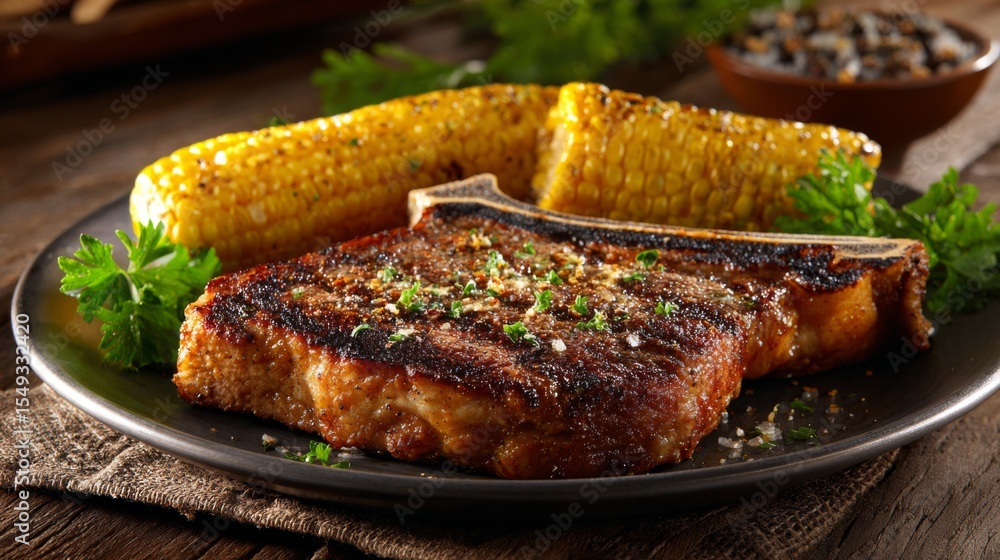 Poster a succulent t-bone steak fresh off the grill, served with a side of charred corn and a sprig of pars