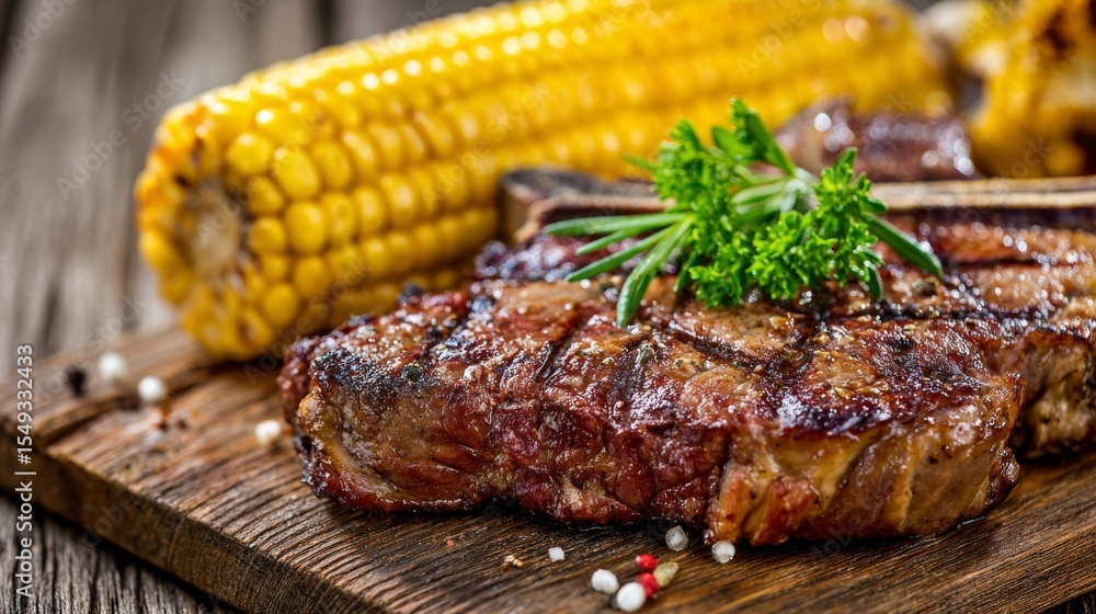 Poster a succulent t-bone steak fresh off the grill, served with a side of charred corn and a sprig of pars