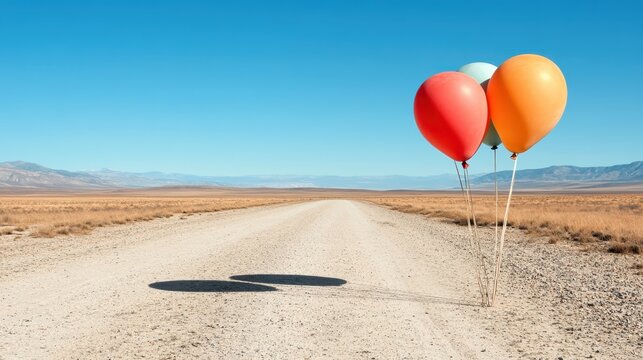 A striking image featuring colorful balloons stationed against a vast landscape, symbolizing freedom, joy, and the pursuit of dreams amidst an open and expansive environment.
