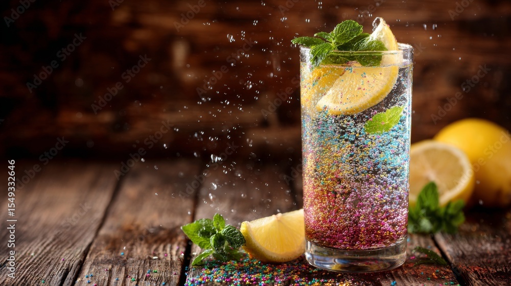 Poster a tall glass of sparkling soda with colorful bubbles, garnished with a slice of lemon and a mint spr