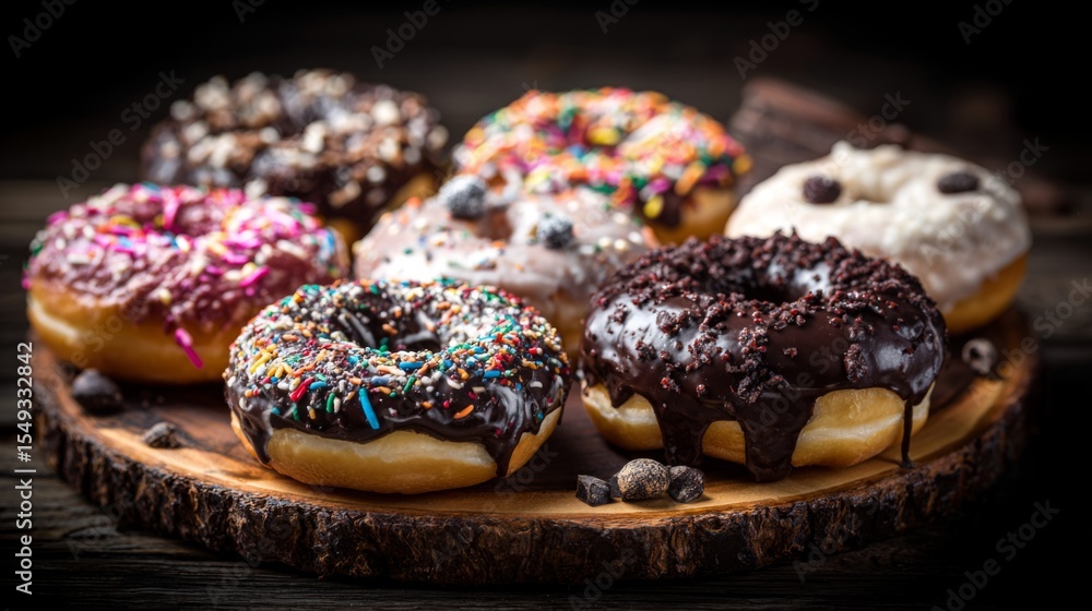 Poster a tempting assortment of freshly glazed donuts displayed on a rustic wooden platter, with various to