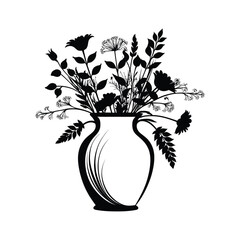 Silhouette of a vase with wildflowers black and white vector design
