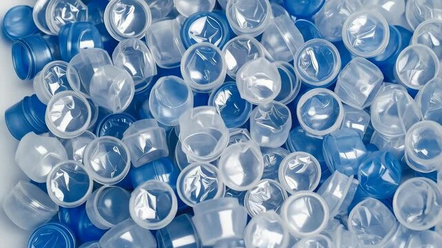 Overhead view of a heap of empty translucent plastic toy capsules in blue and white lighting for vending machines or gumball machines