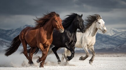 three horses: black, red and white run on white sand against the backdrop of mountains