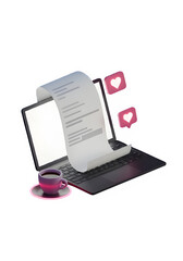 Obraz premium 3D illustration of a laptop with digital document, heart icons, and coffee cup, symbolizing content creation and online engagement
