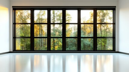 Fototapeta premium The image showcases large windows framed beautifully, revealing a vibrant natural landscape outside, suggesting harmony between indoor and outdoor worlds.