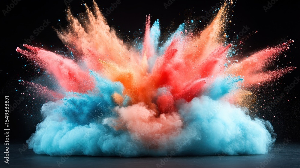 Poster a dynamic explosion of colorful powders creating a vibrant and energetic visual on a dark backdrop, 