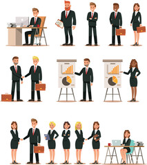 various office worker poses such as shaking hands, business presentations, etc.