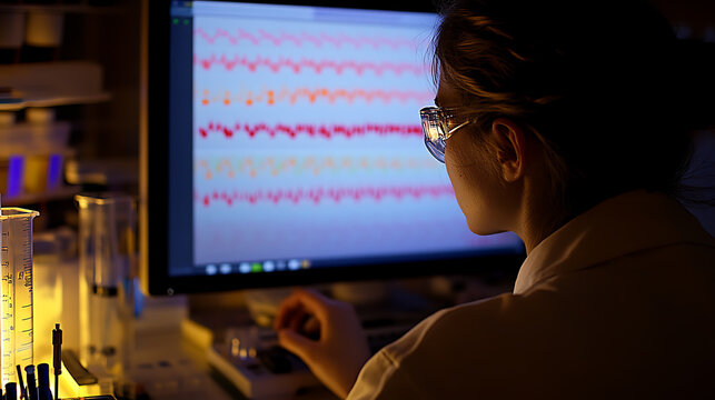Scientist Analyzing Data on Computer in Laboratory