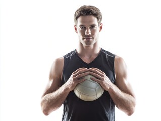 Young Man Holding Volleyball in Studio with Bright Background