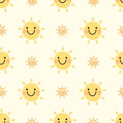 Seamless pattern of smiling sun for bright, happy designs. Ideal for summer, kids, and cheerful themes.