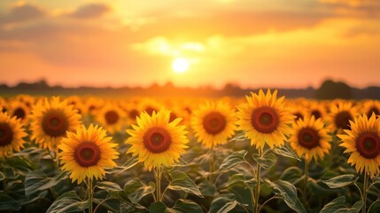 Obraz premium Sunset over a sunflower field