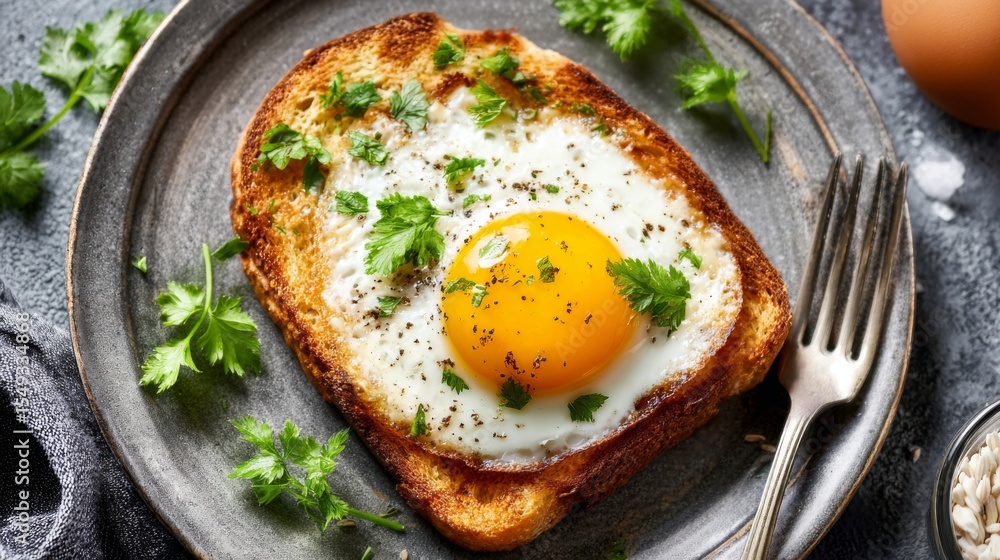 Aufkleber a top-down view of toasted bread with a sunny-side-up egg on top, garnished with fresh herbs, served