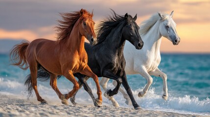 Three horses: red, black and white run along the ocean shore against the backdrop of a beautiful sunset sky