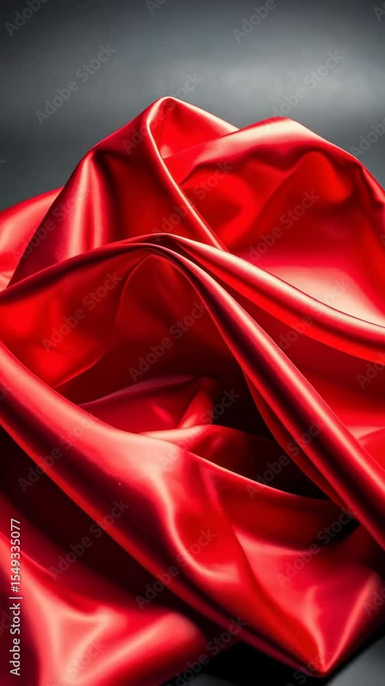 Poster luxurious shiny red satin fabric draped elegantly against dark backdrop creating flowing waves and d