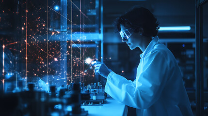 Scientist in a lab examining a sample with advanced technology and glowing data projections