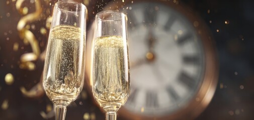 The Champagne Glasses Toasting at Midnight with a Clock Countdown