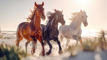 Obraz premium Three horses: red, black and white run along the ocean shore against the backdrop of a beautiful sunset sky