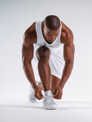 Athletic Man Tying Shoelaces in Studio with Bright Background