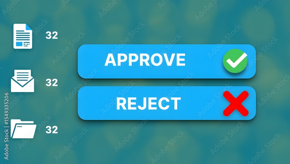 Poster approval and rejection interface concept with document icons and finger pressing green check mark. i