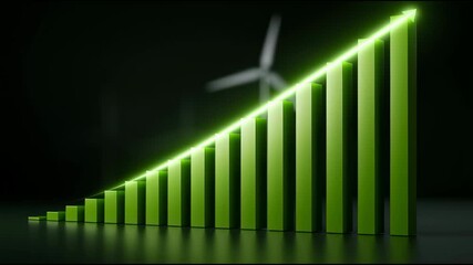 Green bar chart showcasing upward growth and arrow indicating progress in renewable energy and sustainability with wind turbines symbolizing environmental advancement - Powered by Adobe
