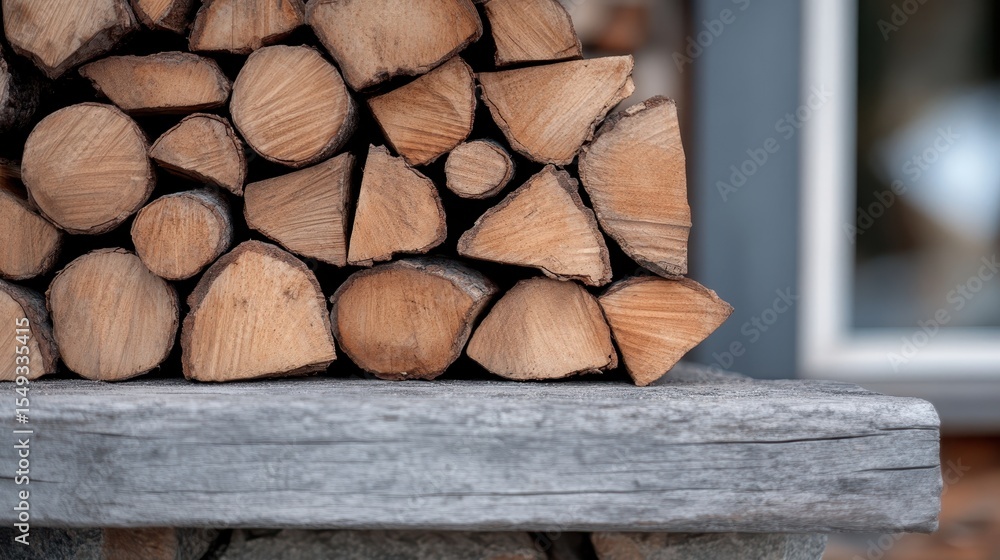 Poster a close-up view of neatly stacked cut logs exuding rustic charm, emphasizing natural textures and th