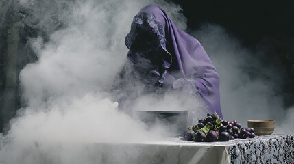 Obraz premium Witch brewing potion in a smoky scene