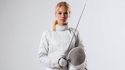 Female Fencer in Protective Gear Holding Sword Against White Background