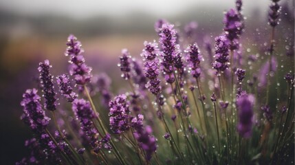 Fototapeta premium A tranquil close-up of a lavender field after rainfall, with water droplets on the purple blossoms, evoking a sense of calm and freshness in nature.