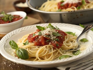 Delicious spaghetti with marinara sauce and basil