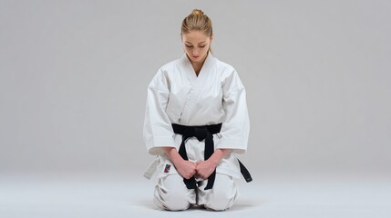 Focused Karate Practitioner Performing Traditional Bowing Ritual