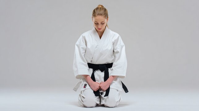 Focused Karate Practitioner Performing Traditional Bowing Ritual - Powered by Adobe
