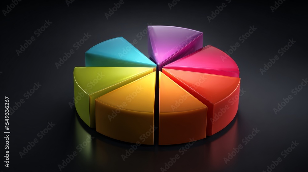 Poster a vibrant d pie chart displaying different market shares, with glossy segments in various colors, se