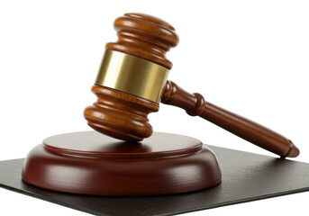 Isolated Wooden Gavel with Brass Band on Sound Block