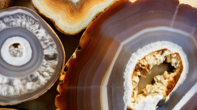 Detailed close-up showcasing various agate slices with intricate bands and geode centers, exhibiting natural stone patterns and earth-tone color variations.