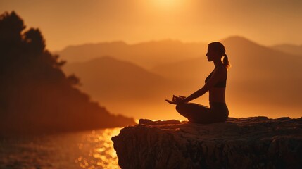 Woman meditating in yoga pose on mountain top at sunrise — mindfulness and nature balance concept