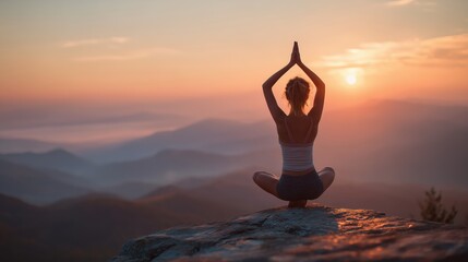 Woman meditating in yoga pose on mountain top at sunrise — mindfulness and nature balance concept