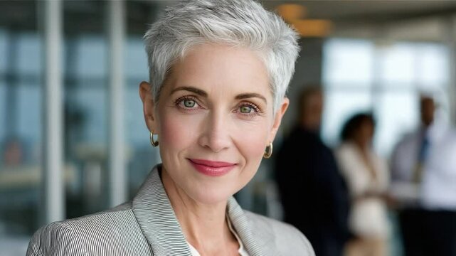 Confident Leader: An elegant businesswoman with short silver hair and a composed expression radiates poise and experience, set against a backdrop of a modern office environment.