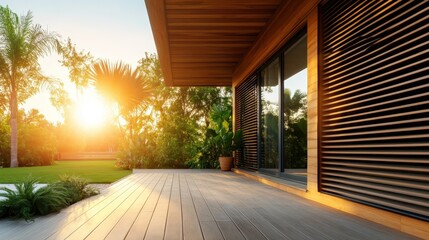 A beautifully designed modern patio bathed in soft sunset light, surrounded by lush greenery that creates a peaceful outdoor retreat for relaxation and enjoyment.